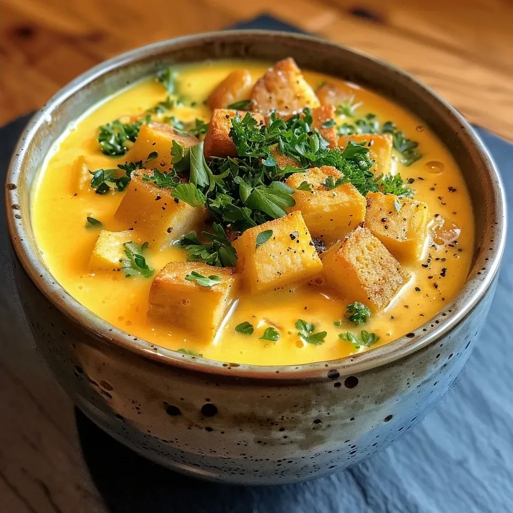 ['A close-up view of creamy Kürbissuppe garnished with fresh herbs.', 'A bowl of vibrant orange Kürbissuppe with a swirl of coconut milk.', 'Side view of a steaming bowl of Kürbissuppe with visible ginger slices.', 'A rich, orange pumpkin soup served in a rustic bowl, highlighting its smooth texture.']