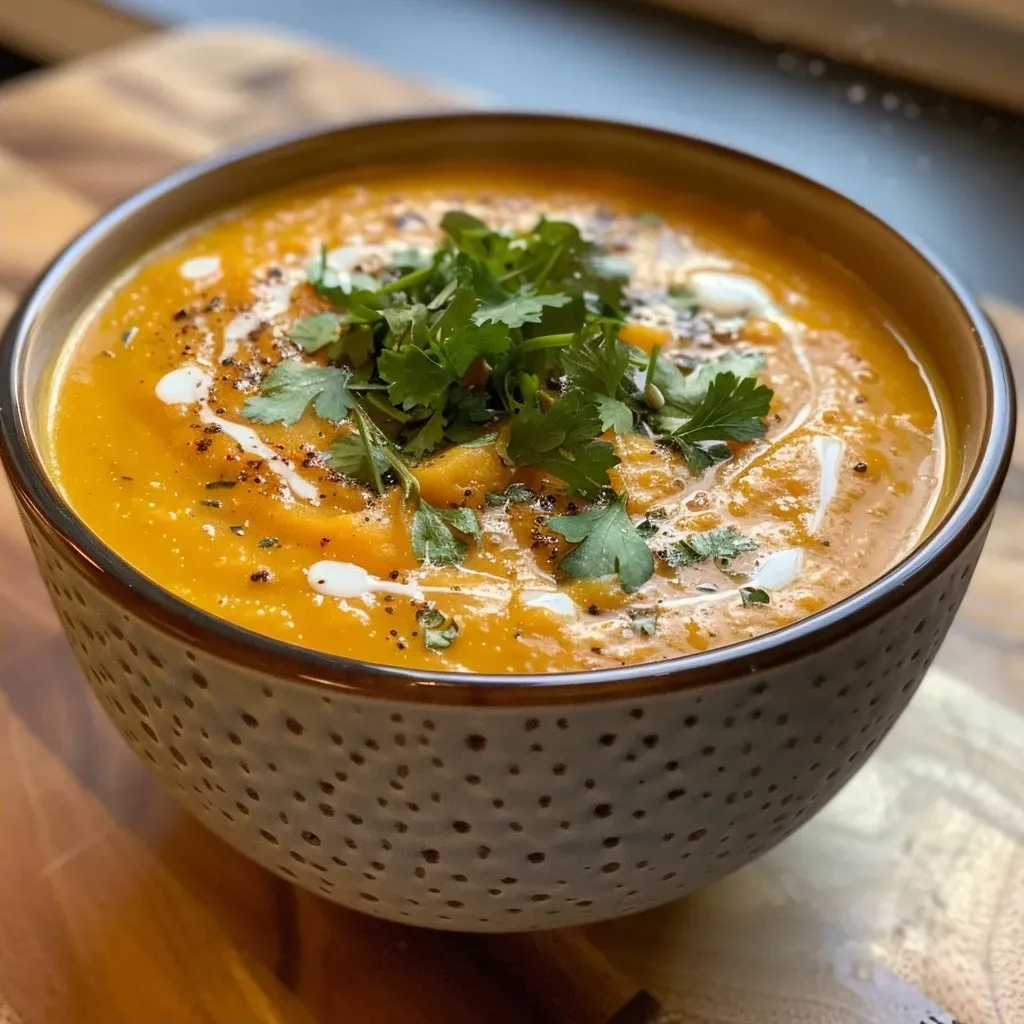 ['Close-up view of a creamy vegan pumpkin soup garnished with herbs.', 'A bowl of roasted pumpkin soup with a smooth texture, featuring bright orange color.', 'Side view of a delicious-looking vegan Kürbissuppe, showcasing its creamy consistency.', 'Thick, vibrant pumpkin soup in a bowl, highlighting fresh ingredients.']