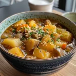 ['Close-up of a creamy pumpkin soup with visible ingredients like herbs and spices.', 'A bowl of vibrant orange pumpkin soup garnished with fresh herbs and physalis.', 'Thick, golden pumpkin soup displayed with a side view, highlighting its texture.', 'Rustic presentation of pumpkin soup featuring coconut milk and tomato pieces.']