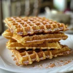 ['Close-up view of pumpkin waffles topped with maple syrup and pecans.', 'Side angle of fluffy pumpkin waffles drizzled with syrup and sprinkled with powdered sugar.', 'Delicious Kürbiswaffeln served with a pat of butter and a dollop of whipped cream.', 'A stack of warm pumpkin waffles garnished with whipped cream and nuts.']