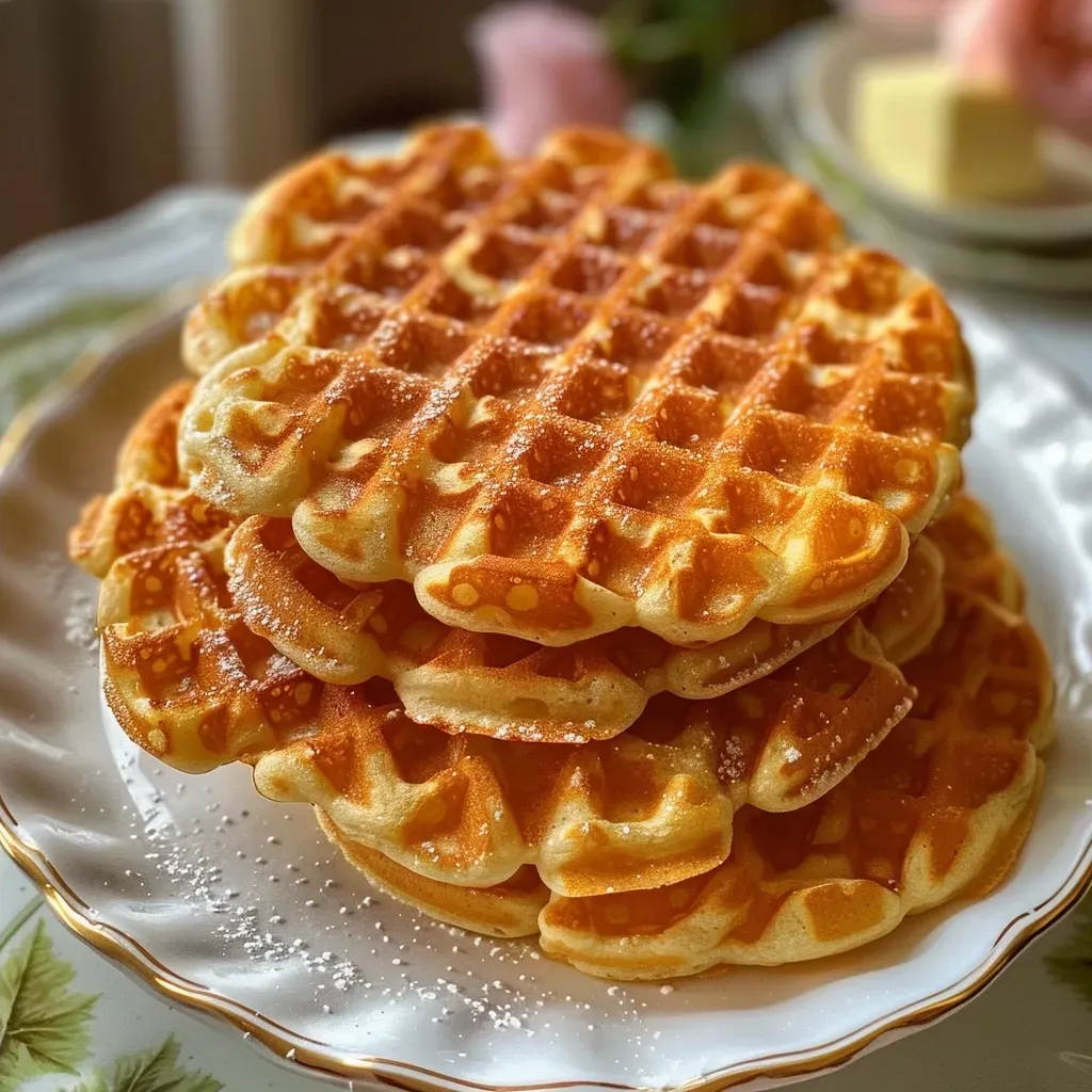 ['Close-up view of pumpkin waffles topped with maple syrup and pecans.', 'Side angle of fluffy pumpkin waffles drizzled with syrup and sprinkled with powdered sugar.', 'Delicious Kürbiswaffeln served with a pat of butter and a dollop of whipped cream.', 'A stack of warm pumpkin waffles garnished with whipped cream and nuts.']