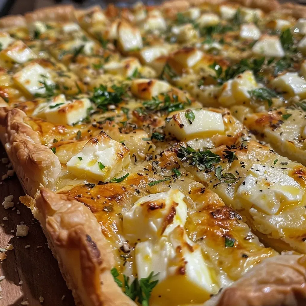 ['A delicious slice of Lauch Feta Tarte with a golden crust and green leeks visible.', 'Close-up view of Lauch Feta Tarte showcasing its flaky pastry and creamy filling.', 'Side view of a Lauch Feta Tarte, highlighting the layers of leeks and feta cheese.', 'A freshly baked Lauch Feta Tarte slice on a plate, with herbs sprinkled on top.']