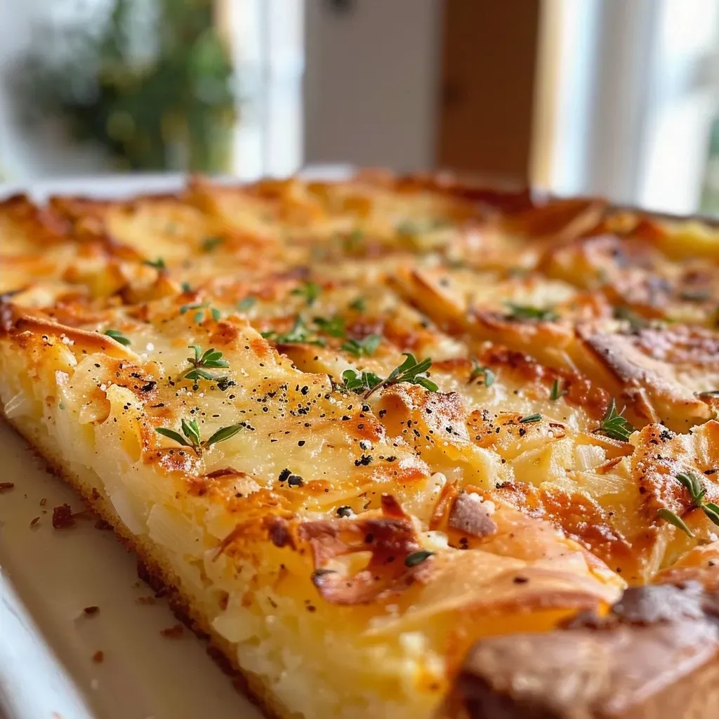 ['Close-up view of a golden-brown Lauch-Pfannkuchen topped with herbs.', 'Side angle of a delicious Lauch-Pfannkuchen with a creamy herb sauce.', 'Juicy Lauch-Pfannkuchen served on a plate, garnished with fresh herbs.', 'Deliciously cooked Lauch-Pfannkuchen with a focus on its crispy texture.']