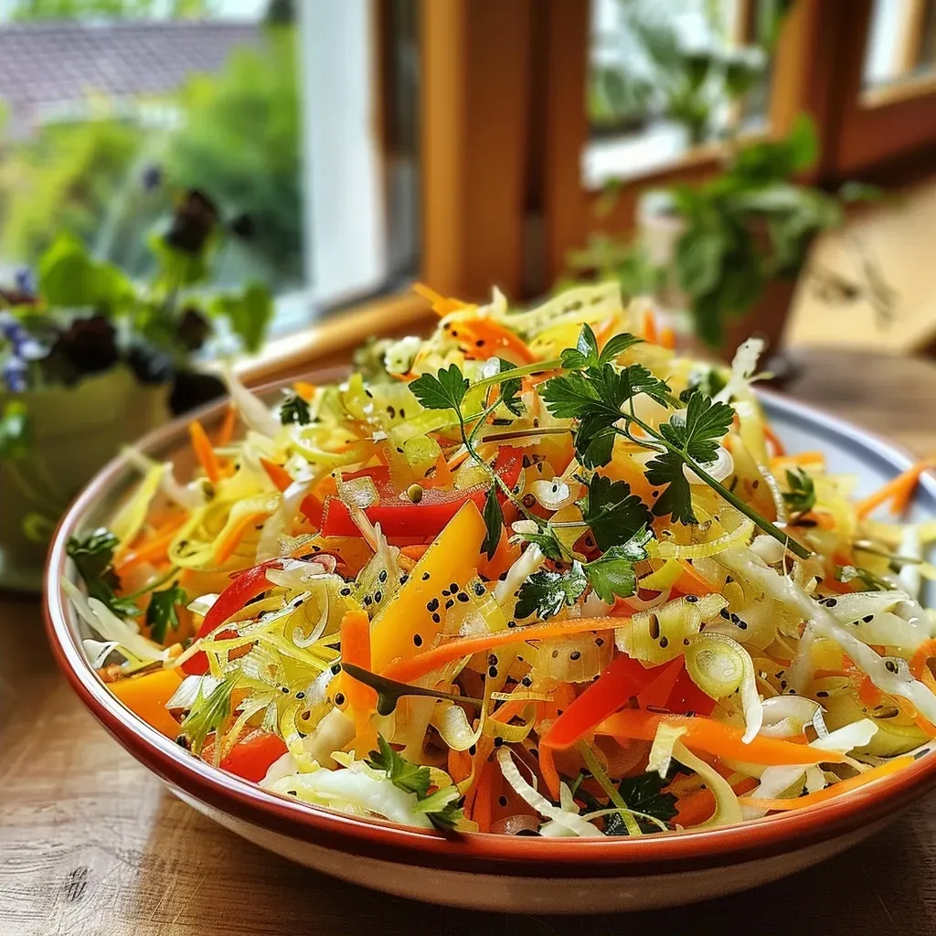 ['Close-up view of a fresh Lauchsalat with vibrant green leeks and garnishes.', 'Side angle of a colorful Lauchsalat showcasing its ingredients, including leeks and herbs.', 'Detailed macro shot of a delicious Lauchsalat, highlighting the texture and freshness.', 'Brightly colored Lauchsalat on a plate, featuring leeks and parsley with a drizzle of olive oil.']