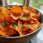 ['Close-up view of homemade lentil chips on a wooden surface.', 'Side view of crispy lentil chips arranged in a bowl.', 'Freshly made lentil chips with a sprinkle of spices, displayed attractively.', 'Detailed photo of golden-brown lentil chips, ready to be served.']