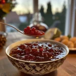 ['Close-up view of Low Carb Birnen-Zimt-Marmelade in a glass jar with a spoon.', 'Juicy Low Carb pear cinnamon jam presented on a wooden table.', 'A transparent jar filled with Low Carb Birnen-Zimt-Marmelade and spices.', 'Side view of a dish containing Low Carb Birnen-Zimt-Marmelade with cinnamon and cloves.']