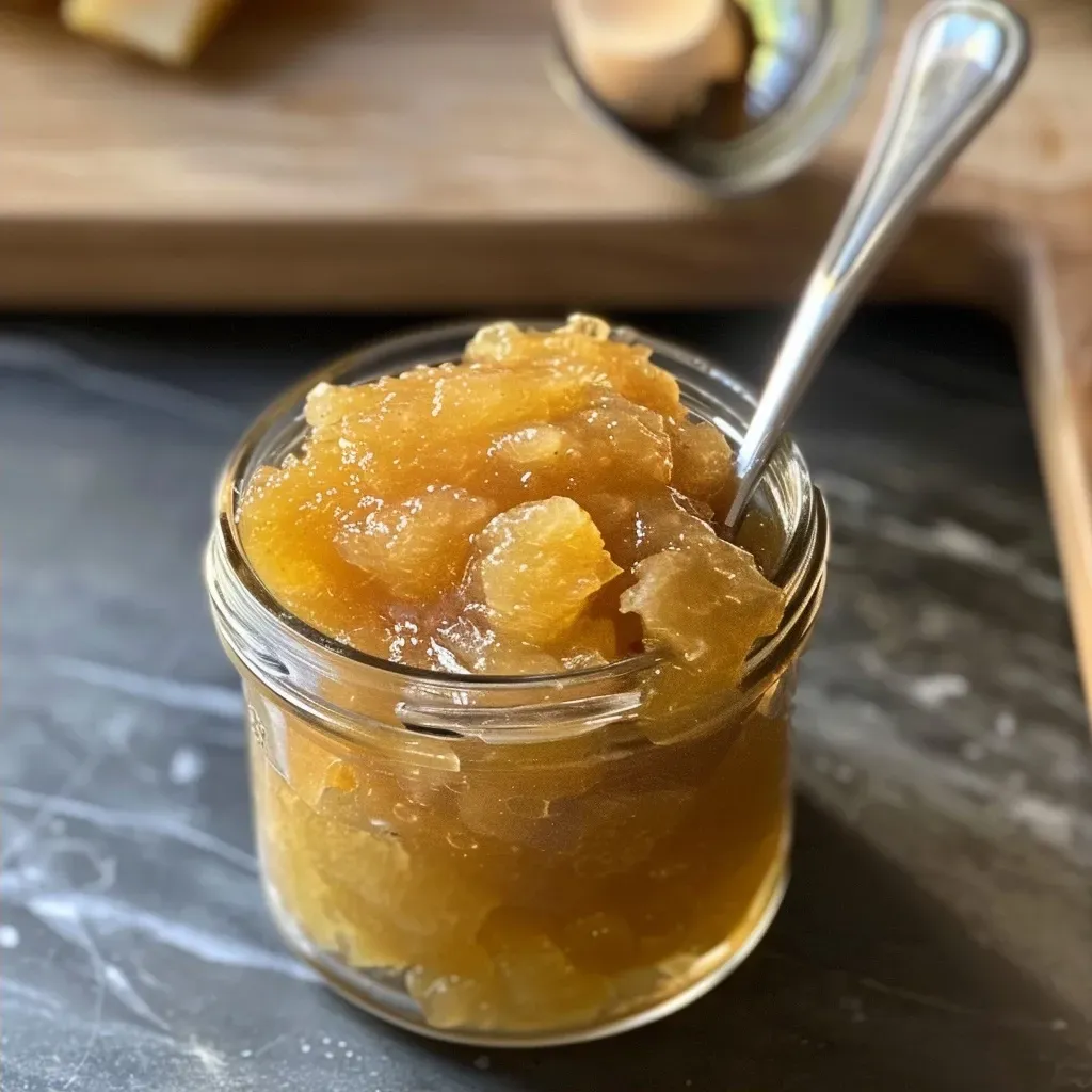 ['Close-up view of Low Carb Birnen-Zimt-Marmelade in a glass jar with a spoon.', 'Juicy Low Carb pear cinnamon jam presented on a wooden table.', 'A transparent jar filled with Low Carb Birnen-Zimt-Marmelade and spices.', 'Side view of a dish containing Low Carb Birnen-Zimt-Marmelade with cinnamon and cloves.']
