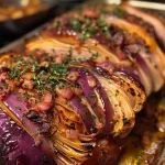 ['Close-up of marinated red cabbage, showing its rich color and texture.', 'Side view of baked marinated red cabbage with visible herbs and nuts.', 'Juicy roasted red cabbage dish, highlighted with fresh thyme and garlic.', 'Detailed view of oven-baked red cabbage, glistening with olive oil and balsamic.']
