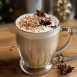 ['A close-up view of a creamy vegan Maronen Chai Latte in a glass, showcasing its frothy texture.', 'Side view of a steaming Maronen Espresso Latte presented in a stylish cup, highlighting its rich color.', 'Detailed image of a vegan Maronen latte with spices on top, garnished with a sprinkle of cinnamon.', 'A close-up shot of a vegan Maronen Chai Latte in a cozy setting, with warm hues and smooth foam.']