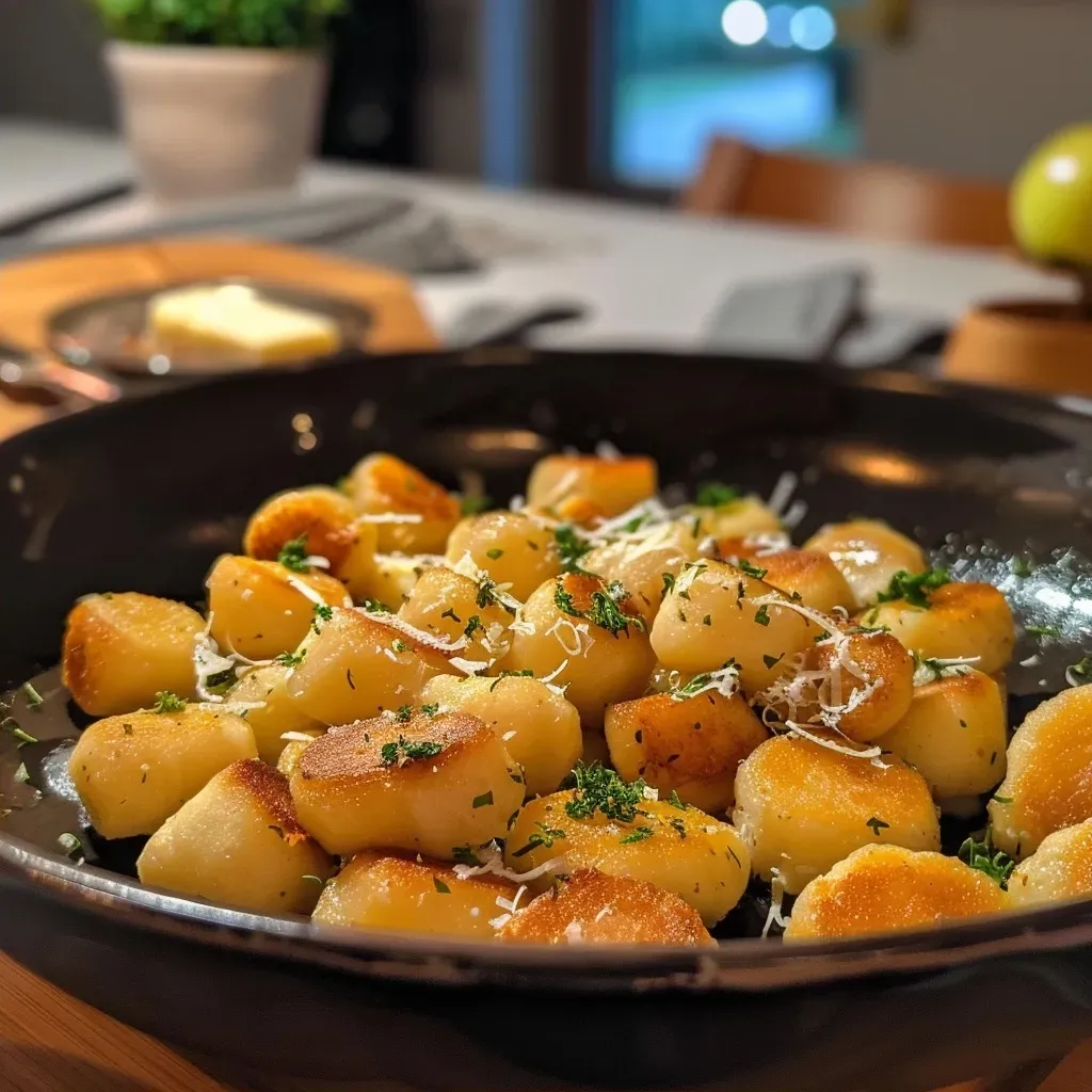 ['Close-up of delicious Maronen Gnocchi with colorful Brussels sprouts and apple.', 'Side view of Maronen Gnocchi garnished with thyme and served with a creamy sauce.', 'Juicy Maronen Gnocchi displayed alongside caramelized onions and a rich sauce.', 'Plate of Maronen Gnocchi featuring vibrant ingredients like Brussels sprouts and apple.']