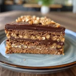 ['Close-up view of a gluten-free chocolate chestnut hazelnut cake.', 'Side view of a delicious Maronen-Haselnusskuchen topped with chocolate.', 'Juicy chocolate hazelnut cake visually appealing with a glossy chocolate glaze.', 'Detailed shot of a moist chestnut and hazelnut cake, showcasing its rich texture.']