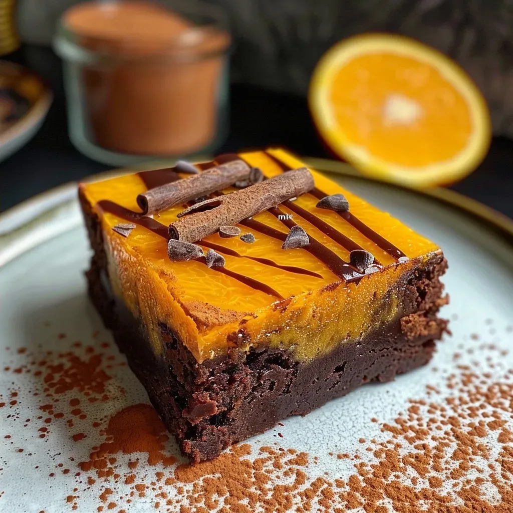 ['Close-up view of a Maronen Orangen Brownie highlighting its moist texture and vibrant orange curd topping.', 'Side angle shot of a decadent brownie adorned with chocolate and pieces of chestnut, capturing its rich layers.', 'Appetizing close-up of a Maronen Orangen Brownie with glossy chocolate glaze and orange accents.', 'Detailed image of a luscious brownie featuring a combination of dark chocolate and orange filling, topped with chopped chestnuts.']