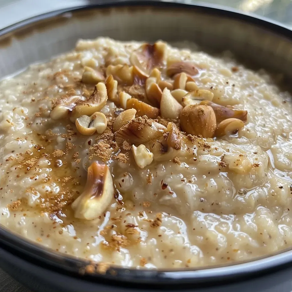 Close-up view of Maronen-Porridge topped with figs and poppy seeds.