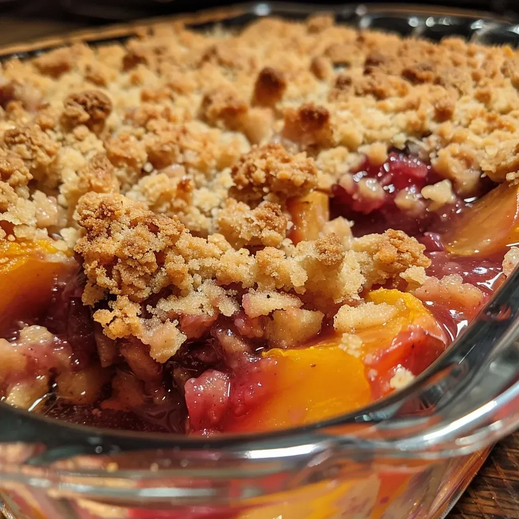 ['Close-up view of a fresh fruit crumble showcasing peach, nectarine, and apricot mix.', 'Side angle of a delicious homemade fruit crumble with golden-brown topping and juicy fruits.', 'Juicy fruit crumble featuring ripe summer fruits, with a crispy crust and buttery texture.', 'Detailed shot of a vibrant fruit crumble, highlighting the colorful fruits and crumbly topping.']