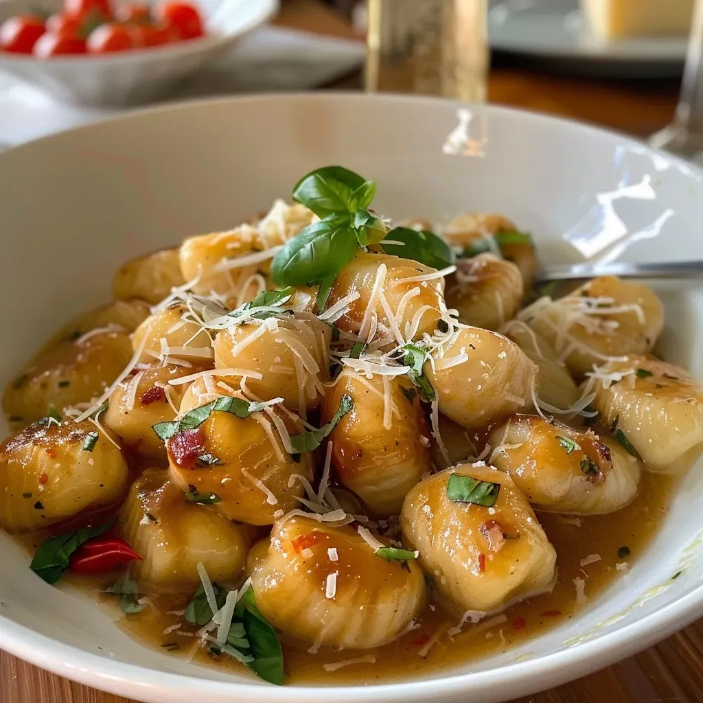 Close-up view of Ofenkürbis-Gnocchi with a golden-brown hue.