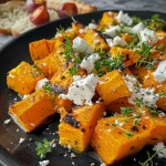 ['Close-up view of baked Hokkaido pumpkin with feta cheese and herbs.', 'Juicy Ofenkürbis with crumbled feta and cherry tomatoes displayed side view.', 'Side perspective of roasted pumpkin cubes topped with feta and herbs.', 'Deliciously baked Hokkaido pumpkin mixed with feta and fresh herbs.']