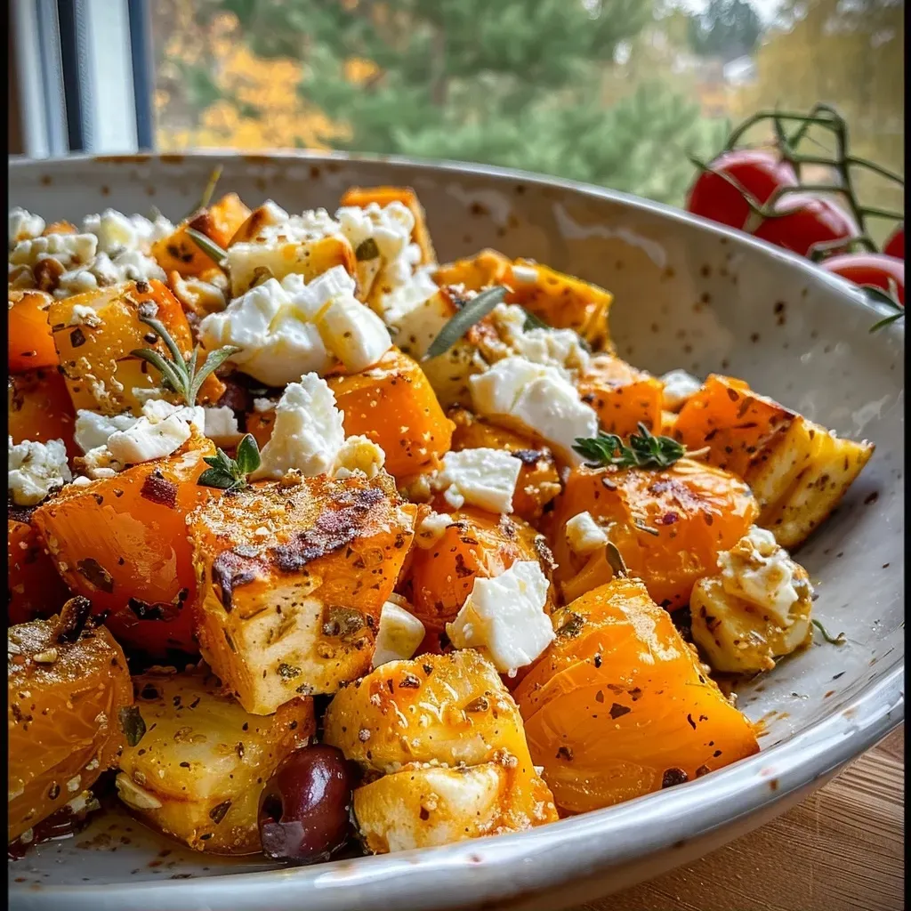 ['Close-up view of baked Hokkaido pumpkin with feta cheese and herbs.', 'Juicy Ofenkürbis with crumbled feta and cherry tomatoes displayed side view.', 'Side perspective of roasted pumpkin cubes topped with feta and herbs.', 'Deliciously baked Hokkaido pumpkin mixed with feta and fresh herbs.']