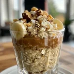 ['Close-up view of creamy overnight oats in a glass jar garnished with fresh fruits.', 'Side perspective of a bowl of overnight oats with visible ingredients like oats and oat drink.', 'Delicious overnight oats in a clear container, showcasing a smooth texture and toppings.', 'A close-up photo of overnight oats highlighting the vibrant colors of fruits on top.']