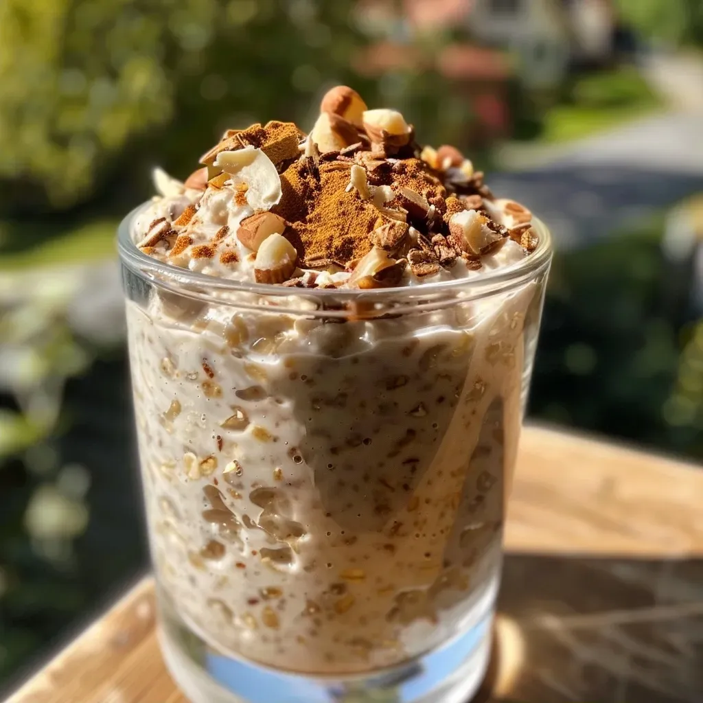 ['Close-up view of creamy overnight oats in a glass jar garnished with fresh fruits.', 'Side perspective of a bowl of overnight oats with visible ingredients like oats and oat drink.', 'Delicious overnight oats in a clear container, showcasing a smooth texture and toppings.', 'A close-up photo of overnight oats highlighting the vibrant colors of fruits on top.']
