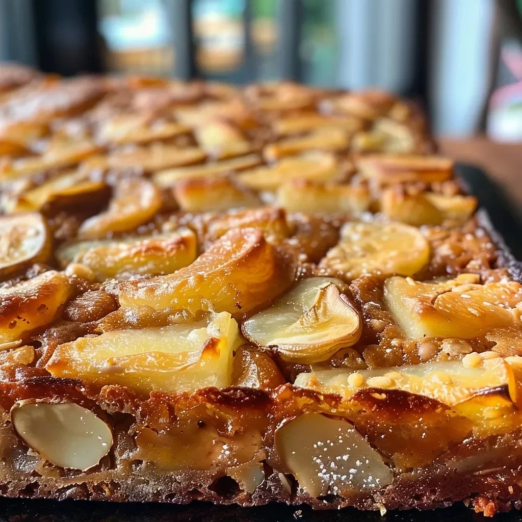 ['Close-up side view of a moist Pastinaken-Birnen-Kuchen showcasing the pear topping and crumb.', 'Detailed side view of a slice of Pastinaken-Birnen-Kuchen, highlighting its texture and ingredients.', 'Juicy slice of Pastinaken-Birnen-Kuchen with visible pear pieces and a golden crust.', 'Side profile of a deliciously baked Pastinaken-Birnen-Kuchen, focusing on its inviting appearance.']