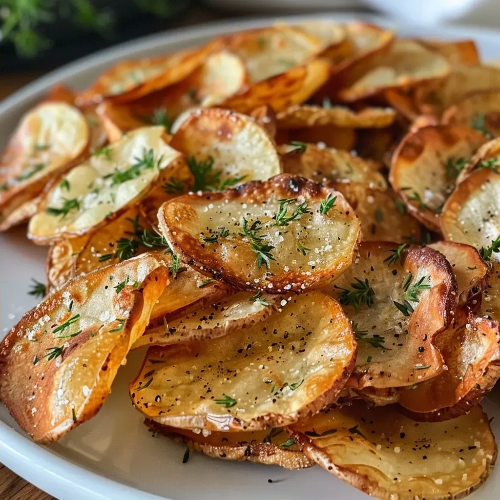 ['Close-up view of golden brown Pastinaken chips on a rustic wooden table.', 'Side angle of crispy Pastinaken chips garnished with herbs, showing texture.', 'Appetizing Pastinaken chips, lightly seasoned, displayed in a bowl.', 'Freshly made Pastinaken chips, crispy and garnished, captured in natural light.']