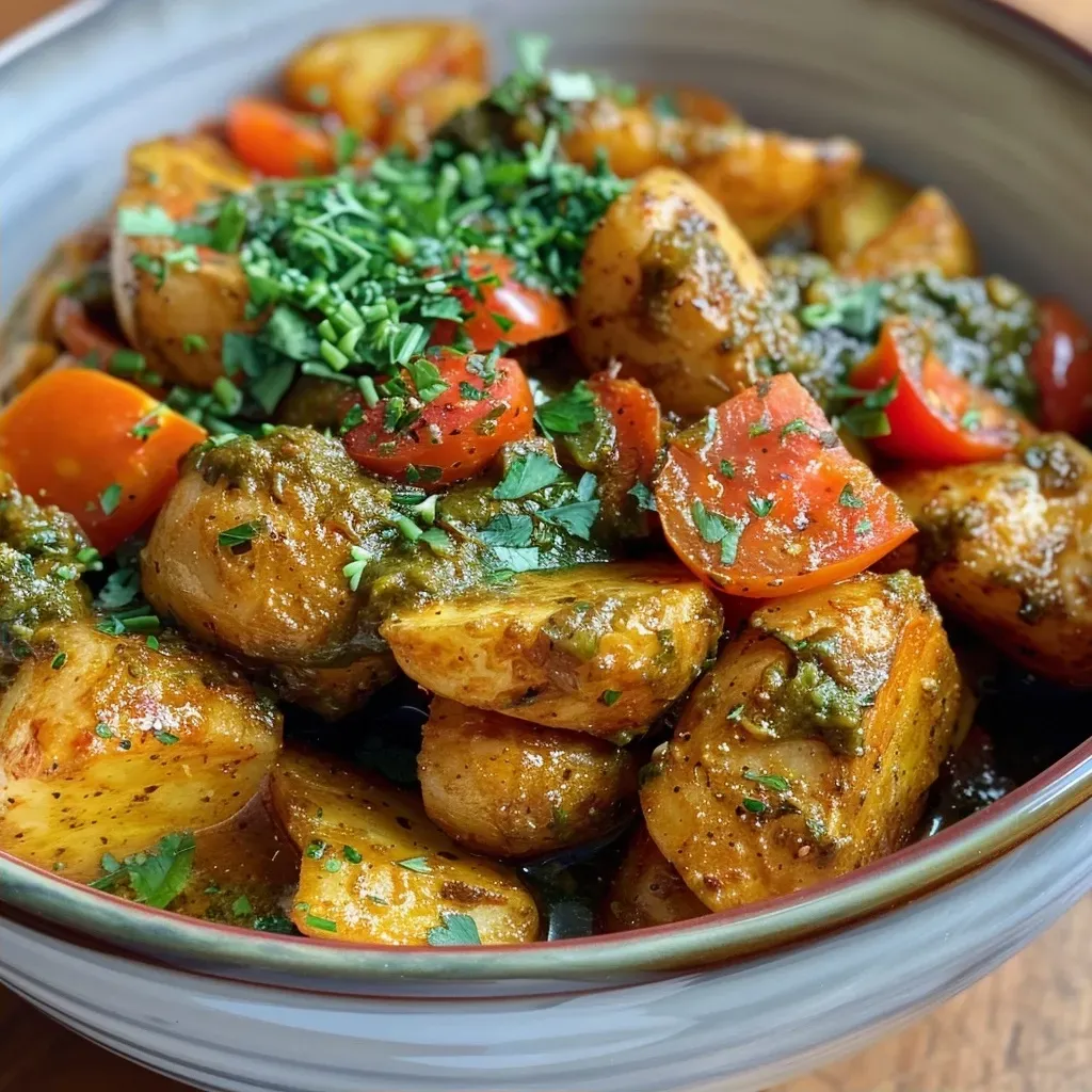 A close-up view of a bowl of creamy Pastinakencurry topped with vibrant Korianderpesto.