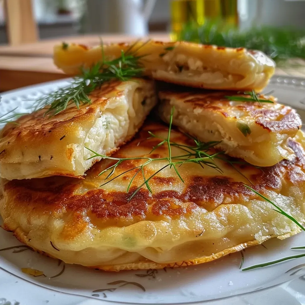 ['A close-up view of Chinese pancakes filled with green onions, showcasing their golden-brown texture.', 'Juicy Pfannkuchen mit Lauchzwiebeln arranged on a plate, highlighting the crispy edges and internal layers.', 'Side view of freshly made Chinese scallion pancakes, revealing the flaky layers and vibrant green onion filling.', 'A delicious plate of golden Chinese pancakes with visible slices of green onions, presented appealingly.']