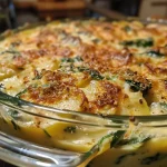 ['Close-up of Pfifferling-Spinat-Gratin, showing golden cheese and sautéed mushrooms.', 'Side view of a baked Pfifferling-Spinat-Gratin with a crispy top layer.', 'Close-up of creamy spinach and chanterelles in a gratin dish with melted cheese.', 'Detailed shot of Pfifferling-Spinat-Gratin, highlighting the fresh ingredients and texture.']