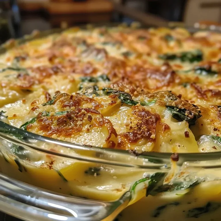 ['Close-up of Pfifferling-Spinat-Gratin, showing golden cheese and sautéed mushrooms.', 'Side view of a baked Pfifferling-Spinat-Gratin with a crispy top layer.', 'Close-up of creamy spinach and chanterelles in a gratin dish with melted cheese.', 'Detailed shot of Pfifferling-Spinat-Gratin, highlighting the fresh ingredients and texture.']