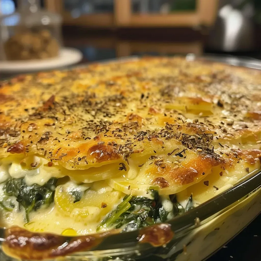 ['Close-up of Pfifferling-Spinat-Gratin, showing golden cheese and sautéed mushrooms.', 'Side view of a baked Pfifferling-Spinat-Gratin with a crispy top layer.', 'Close-up of creamy spinach and chanterelles in a gratin dish with melted cheese.', 'Detailed shot of Pfifferling-Spinat-Gratin, highlighting the fresh ingredients and texture.']