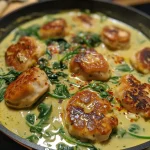 ['Close-up of Pfifferlinge mushrooms with spinach cream sauce on a plate.', 'Juicy Pfifferlinge with green spinach sauce, served in a bowl.', 'Side view of Pfifferlinge topped with creamy spinach sauce and herbs.', 'Delicious plate of Pfifferlinge and spinach cream sauce, garnished and appetizing.']