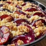 ['Close-up of a baked plum crumble with a golden topping and visible chunks of plums.', 'Side view of a juicy crumble dish, showcasing plums, hazelnuts, and a crumbly texture.', 'Detailed image of a muscovado crumble with tarragon and roasted hazelnuts on a plate.', 'Close-up view of a delicious crumble, highlighting the plums and crumbly topping.']