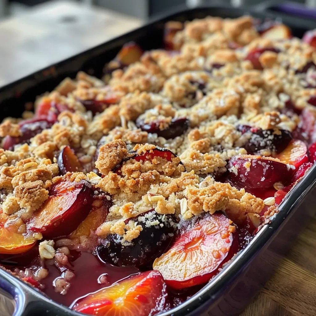 ['Close-up of a baked plum crumble with a golden topping and visible chunks of plums.', 'Side view of a juicy crumble dish, showcasing plums, hazelnuts, and a crumbly texture.', 'Detailed image of a muscovado crumble with tarragon and roasted hazelnuts on a plate.', 'Close-up view of a delicious crumble, highlighting the plums and crumbly topping.']