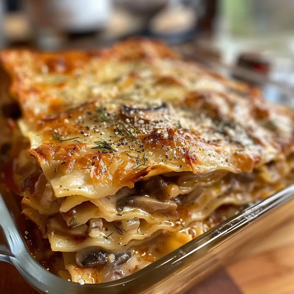 ['A close-up view of a cheesy mushroom lasagna baked to perfection.', 'Layered mushroom lasagna showcasing rich cheese and hearty ingredients.', 'Side view of a delicious mushroom lasagna, revealing its creamy layers.', 'A mouthwatering image of mushroom lasagna, highlighting its golden-brown top.']