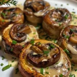 ['Close-up of golden mushroom rolls, showcasing the flaky pastry and filling.', 'Side view of delicious mushroom rolls on a rustic wooden table.', 'Juicy mushroom rolls freshly baked, with visible herb garnishes.', 'Appetizing mushroom rolls, revealing the creamy filling and crispy crust.']