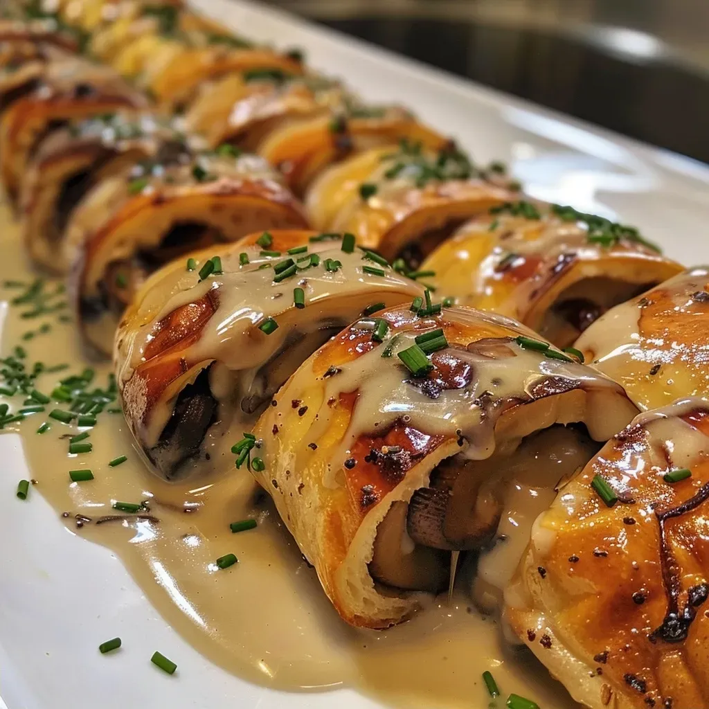 ['Close-up of golden mushroom rolls, showcasing the flaky pastry and filling.', 'Side view of delicious mushroom rolls on a rustic wooden table.', 'Juicy mushroom rolls freshly baked, with visible herb garnishes.', 'Appetizing mushroom rolls, revealing the creamy filling and crispy crust.']
