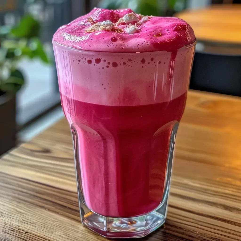 ['Close-up view of a pink latte with a frothy top, featuring beetroot powder, served in a clear glass.', 'Side view of a vibrant pink latte made with beetroot, showcasing its creamy texture and colors.', 'A refreshing pink latte in a glass cup, highlighting the rich beetroot color against a simple backdrop.', 'Detailed image of a pink beverage made with beetroot, emphasizing its creamy foam and enticing color.']