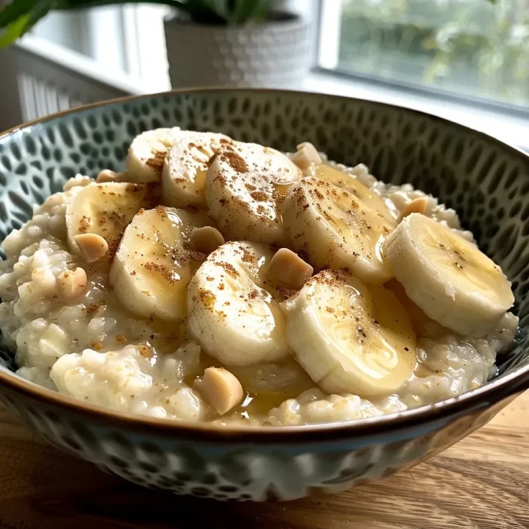['Close-up image of creamy porridge topped with caramelized banana, walnuts, and a drizzle of maple syrup.', 'Side view of a bowl of porridge featuring sliced caramelized banana, walnut pieces, and a sweet syrup.', 'Detailed shot of warm oatmeal with a golden layer of caramelized bananas and sprinkled walnuts.', 'Delicious porridge with smooth texture topped with glossy banana slices and crunchy walnuts.']