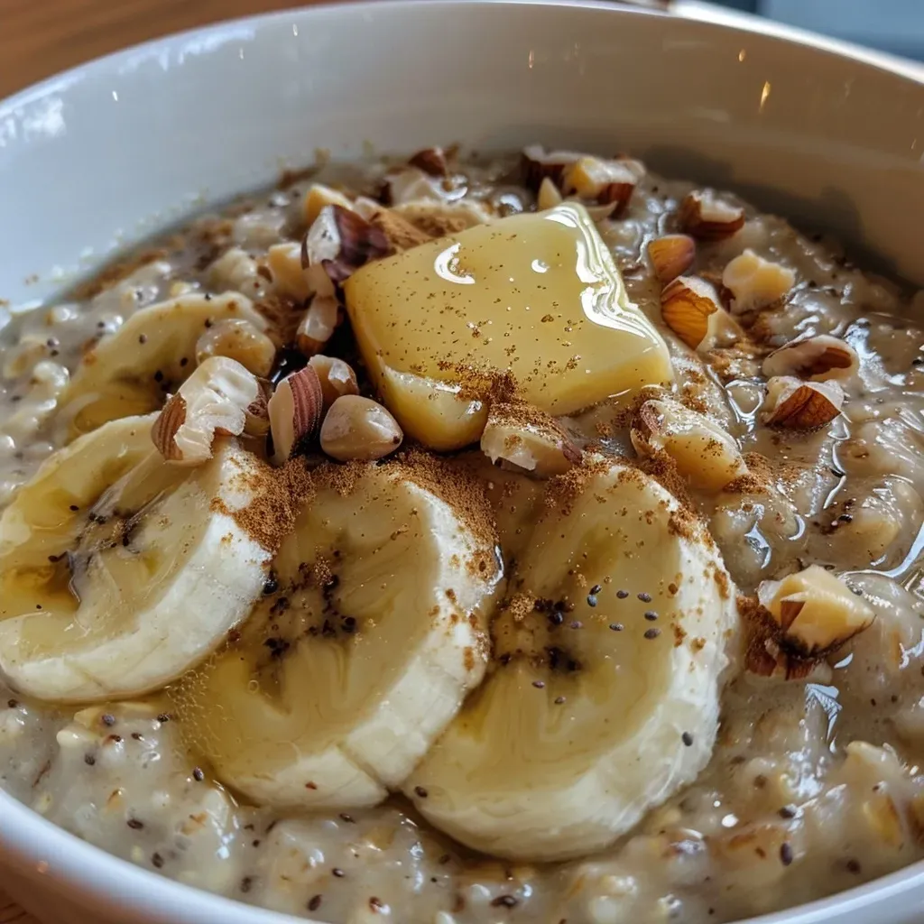 ['Close-up image of creamy porridge topped with caramelized banana, walnuts, and a drizzle of maple syrup.', 'Side view of a bowl of porridge featuring sliced caramelized banana, walnut pieces, and a sweet syrup.', 'Detailed shot of warm oatmeal with a golden layer of caramelized bananas and sprinkled walnuts.', 'Delicious porridge with smooth texture topped with glossy banana slices and crunchy walnuts.']