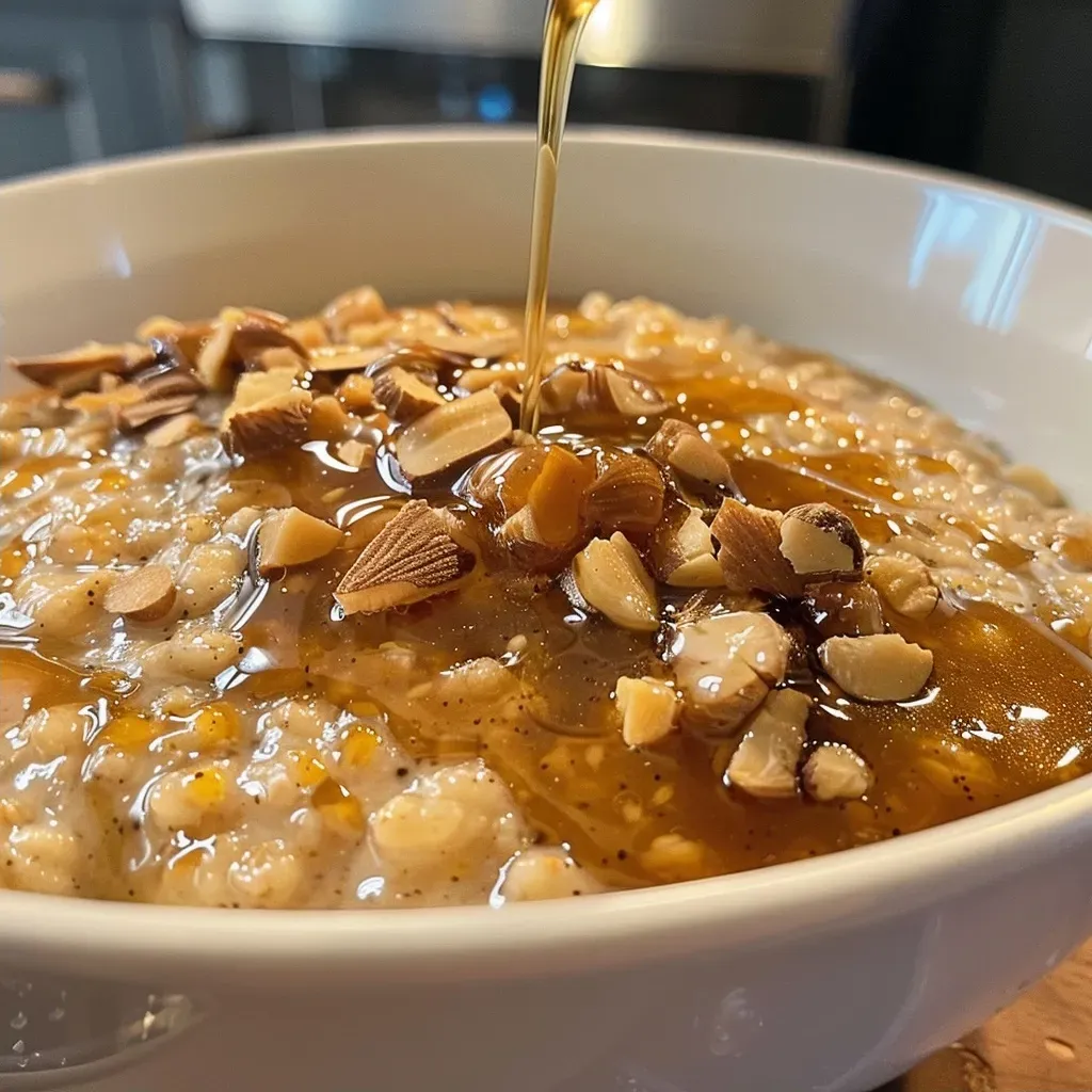 ['Close-up of creamy porridge topped with grape compote in a bowl.', 'Side view of porridge with glistening grape compote and sliced almonds.', 'A bowl of oatmeal garnished with fresh grapes and honey drizzle.', 'Textured porridge with a rich grape sauce, almonds, and a sprinkle of cinnamon.']