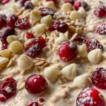 ['Close-up of a bowl of Protein Cranberry Bliss Baked Oats with cranberries and white chocolate chips.', 'Side view of Protein Cranberry Bliss Baked Oats topped with dried cranberries and white chocolate.', 'Delicious baked oats featuring cranberries and chocolate chips, presented in a rustic bowl.', 'Textured view of baked oats garnished with cranberries and chocolate, showcasing their creamy layers.']