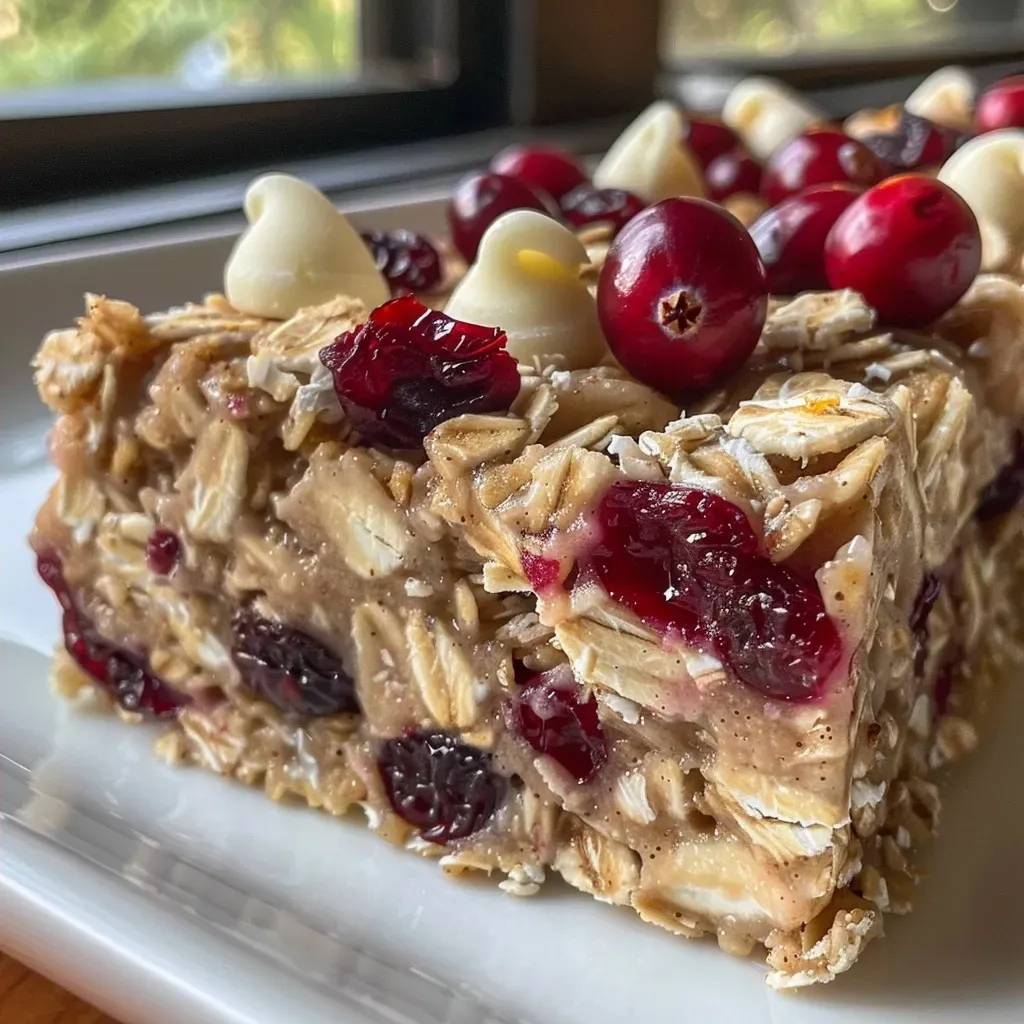 ['Close-up of a bowl of Protein Cranberry Bliss Baked Oats with cranberries and white chocolate chips.', 'Side view of Protein Cranberry Bliss Baked Oats topped with dried cranberries and white chocolate.', 'Delicious baked oats featuring cranberries and chocolate chips, presented in a rustic bowl.', 'Textured view of baked oats garnished with cranberries and chocolate, showcasing their creamy layers.']