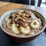 ['A close-up side view of creamy protein caramel porridge in a bowl, topped with banana slices and nuts.', 'Delicious protein caramel porridge featuring oats and almond milk, garnished with banana and optional nuts.', 'A vibrant bowl of protein caramel porridge with a smooth texture, decorated with banana slices and a sprinkle of nuts.', 'A side view of warm protein caramel porridge enriched with banana and nuts, highlighting its creamy consistency.']