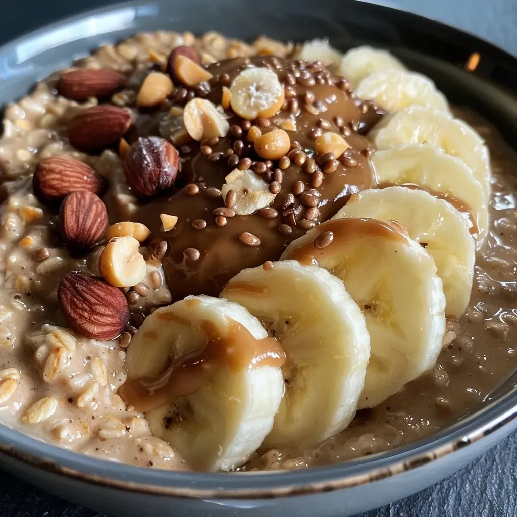 ['A close-up side view of creamy protein caramel porridge in a bowl, topped with banana slices and nuts.', 'Delicious protein caramel porridge featuring oats and almond milk, garnished with banana and optional nuts.', 'A vibrant bowl of protein caramel porridge with a smooth texture, decorated with banana slices and a sprinkle of nuts.', 'A side view of warm protein caramel porridge enriched with banana and nuts, highlighting its creamy consistency.']