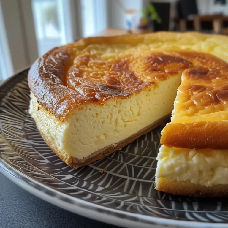 ['Close-up view of a fluffy, crustless Protein Käsekuchen on a plate.', 'Side view of a delicious Protein Käsekuchen without a crust, showcasing its creamy texture.', 'Detailed close-up of a protein cheesecake slice, highlighting its moist interior.', 'Appetizing side angle of a Protein Käsekuchen, emphasizing its smooth surface and rich color.']