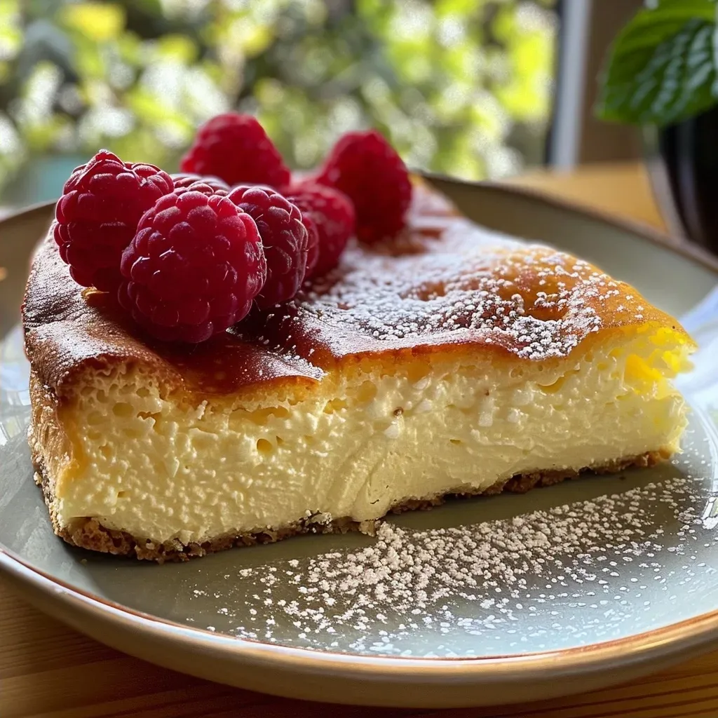 ['Close-up view of a fluffy, crustless Protein Käsekuchen on a plate.', 'Side view of a delicious Protein Käsekuchen without a crust, showcasing its creamy texture.', 'Detailed close-up of a protein cheesecake slice, highlighting its moist interior.', 'Appetizing side angle of a Protein Käsekuchen, emphasizing its smooth surface and rich color.']