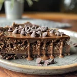 ['A close-up side view of a moist protein cake with a chocolate glaze and dark chocolate chips.', 'A luscious protein cake showing layers, with melted chocolate chips and a rich, creamy texture.', 'A detailed side view of a protein cake adorned with chocolate chips, highlighting its moistness.', 'A close-up of a decadent protein cake featuring a glossy chocolate surface and a fluffy interior.']