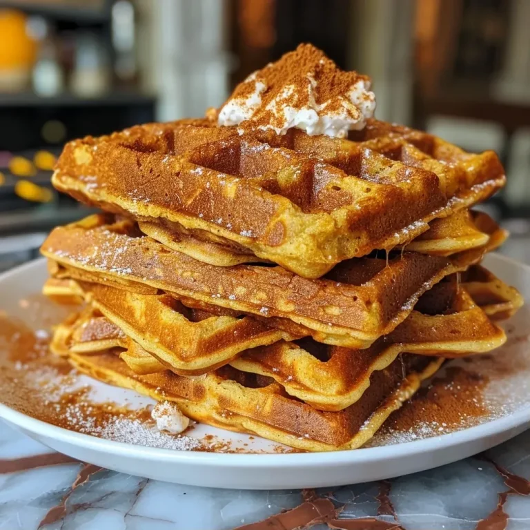 ['Close-up of golden-brown protein pumpkin waffles stacked on a plate.', 'Side view of protein-packed pumpkin waffles with a plush texture and slight sheen.', 'Delicious-looking pumpkin waffles topped with a sprinkle of cinnamon, showing their fluffy texture.', 'A mouthwatering display of pumpkin waffles, highlighting the warm, inviting color and enticing presentation.']