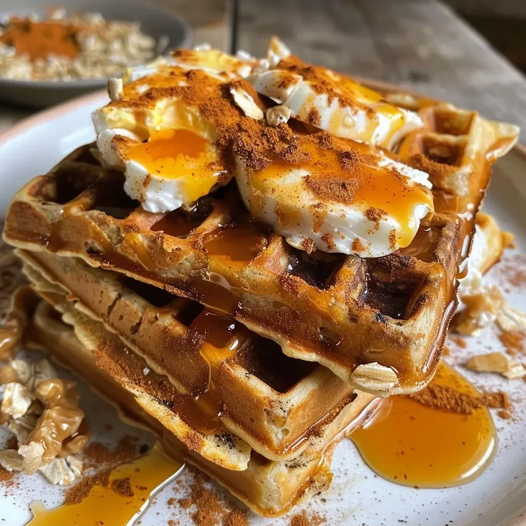 ['Close-up of golden-brown protein pumpkin waffles stacked on a plate.', 'Side view of protein-packed pumpkin waffles with a plush texture and slight sheen.', 'Delicious-looking pumpkin waffles topped with a sprinkle of cinnamon, showing their fluffy texture.', 'A mouthwatering display of pumpkin waffles, highlighting the warm, inviting color and enticing presentation.']