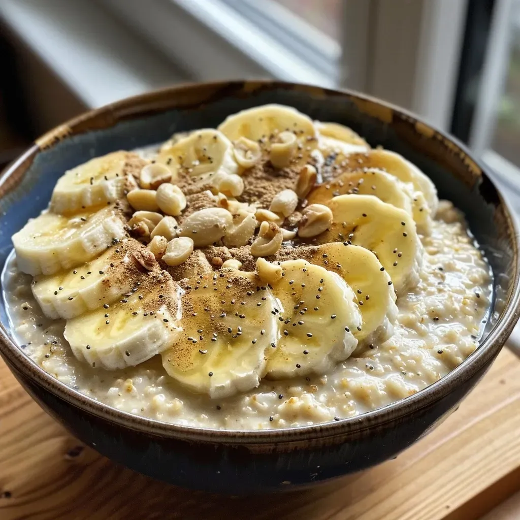 Close-up view of a creamy bowl of protein porridge topped with a sprinkle of cinnamon.